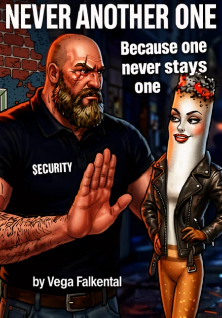 Comic-style cover for the interactive stop-smoking guide "Never Another One." A security guard holds out his hand to block a cigarette character dressed like a troublemaker. Urban brick wall background. Bold title, subtitle "Because one never stays one," and author credit "by Vega Falkental."