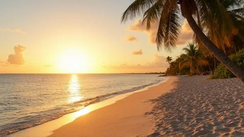Calm sea, wide sandy beach with palm trees at sunset