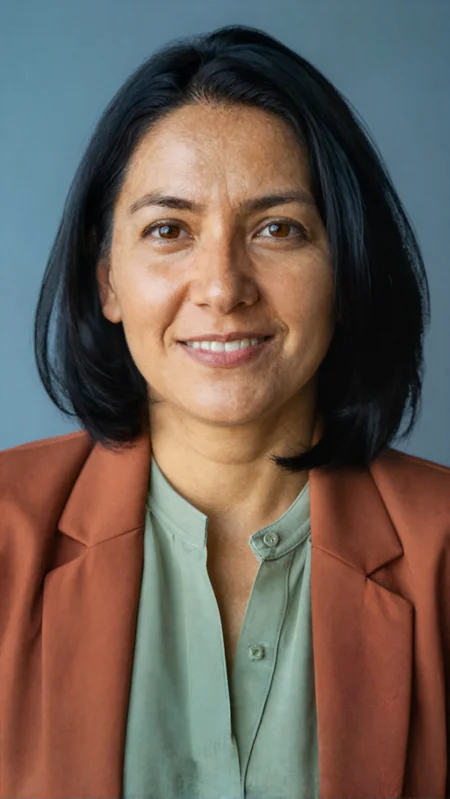 Portrait of Vega Falkental, author of the interactive quit-smoking plan “Never Another One.” A woman with shoulder-length dark hair, wearing an orange blazer over a light green shirt, smiles warmly against a muted blue background. Her expression feels calm and grounded. The portrait reflects someone who has been through the fight herself and now helps others do the same.